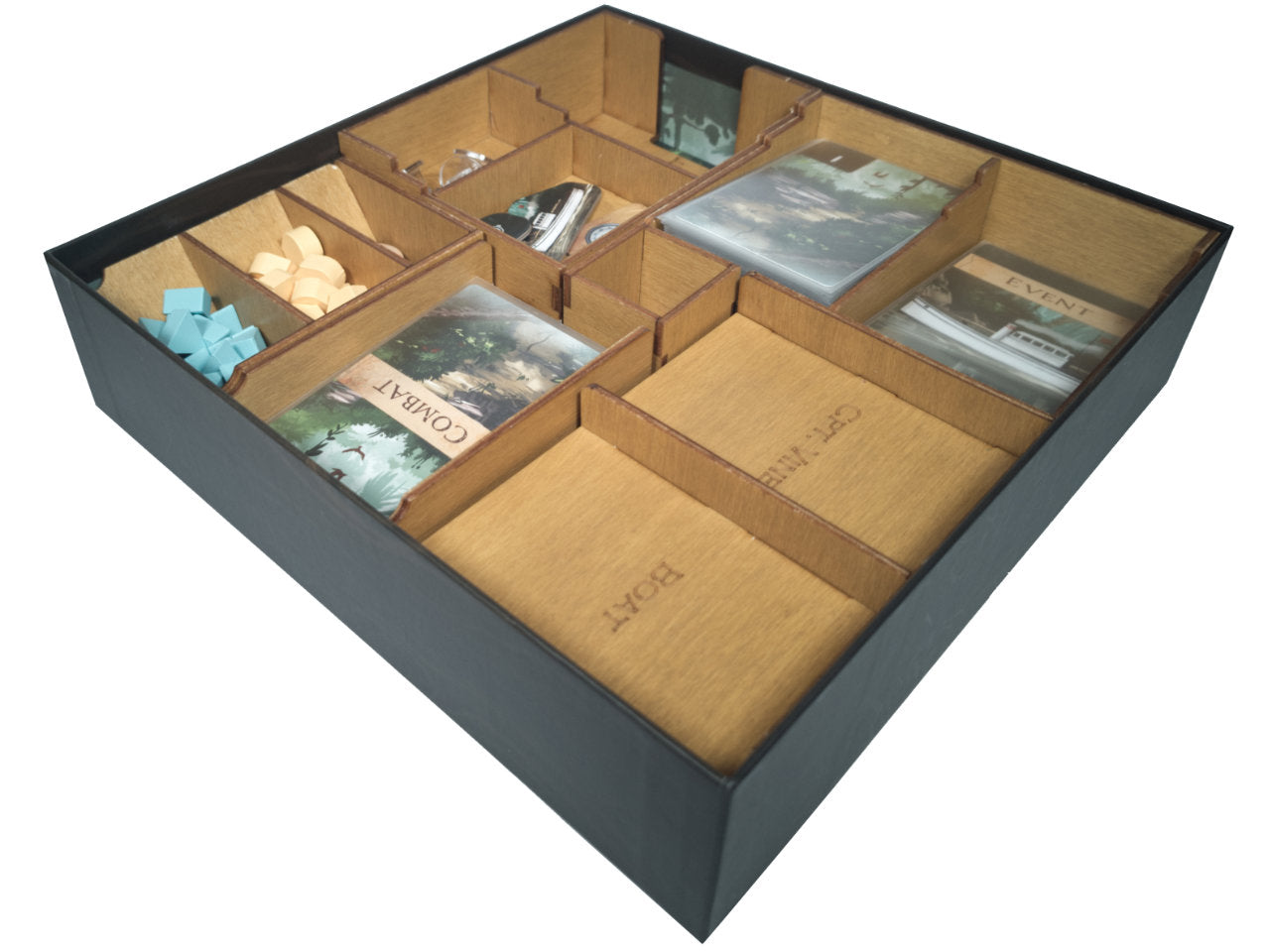 Full isometric view of the Sleeping Gods: Primeval Peril board game insert organiser
