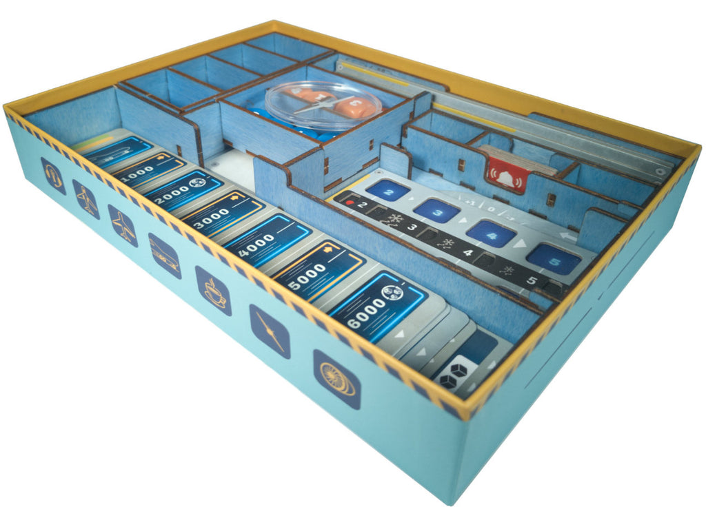 Full isometric view of the Sky Team and Turbulence expansion board game insert organiser