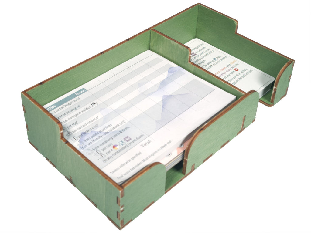 Tray for objective tiles, round marker, start player marker, dragon guild tiles, score pad, automa solo cards, quick start cards