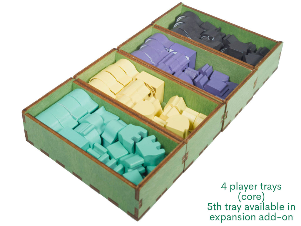 Four player trays for favour, turn order, exploration, VP and trading post markers (core game only)