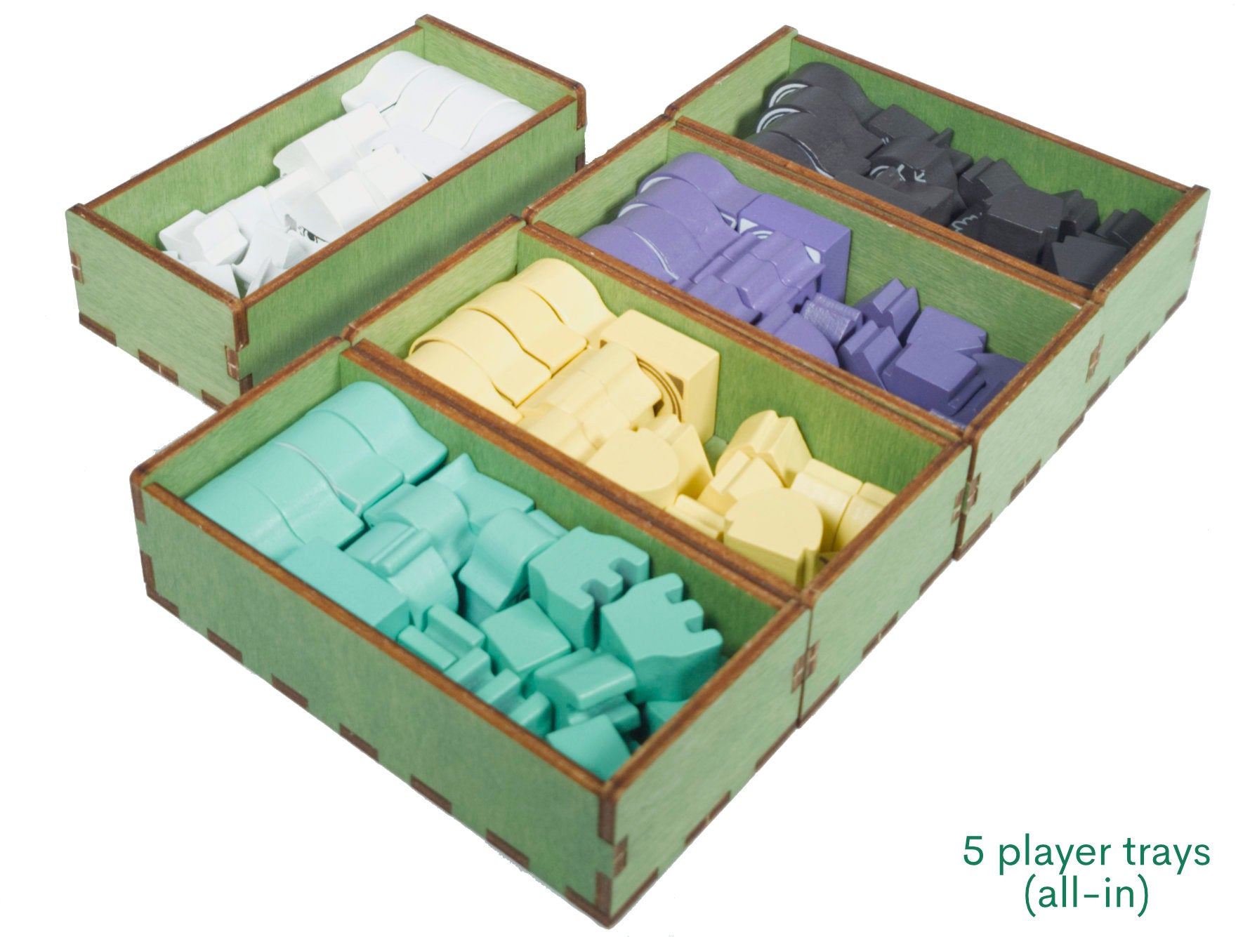 Five player trays for favour, turn order, exploration, VP and trading post markers (all-in only)