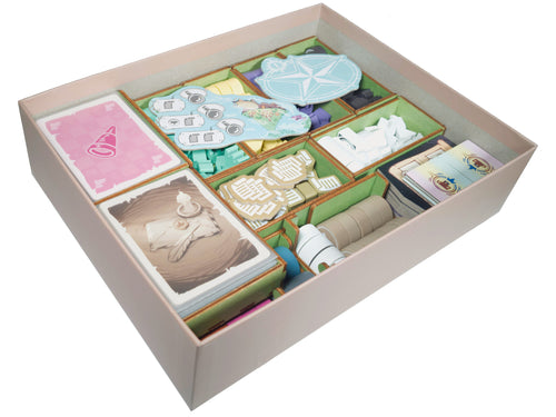 Full isometric view of the Explorers of Navoria board game insert organiser including Forgotten Lands expansion option