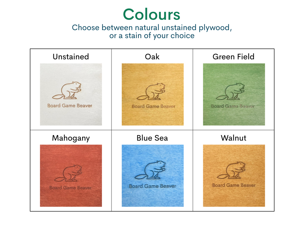 All the different stain colours laid out.